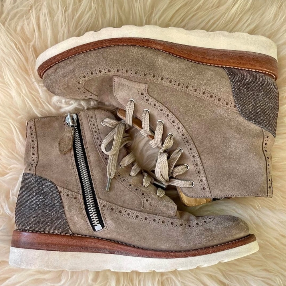 Women's Taupe Suede Lace-Up & Zip Ankle Booties